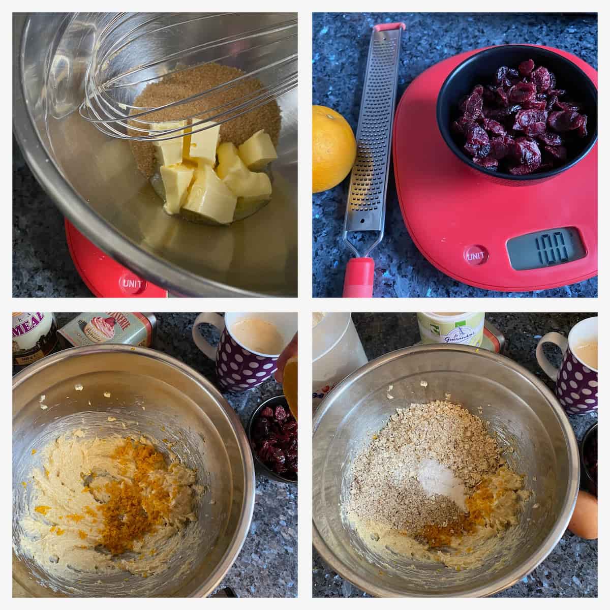 step by step how to make breakfast oat cookies with a few ingredients: butter, sugar, cranberries, orange, oats, hazelnuts, flour and sugar