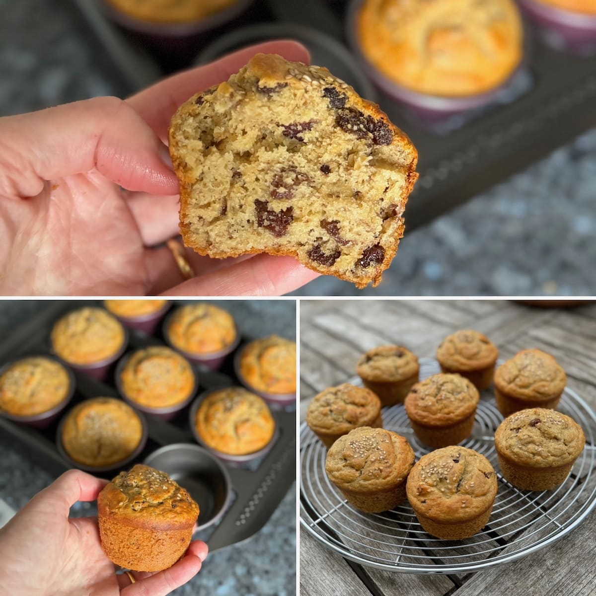 a moist banana muffin with raisins and nuts without any paper cases, showing how easy to un-mould from non-stick baking tins