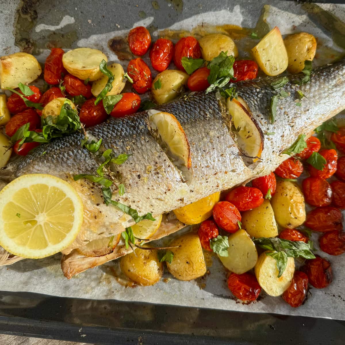 baked sea bass fish on one baking sheet with potatoes, cherry tomatoes, lemon and herbs